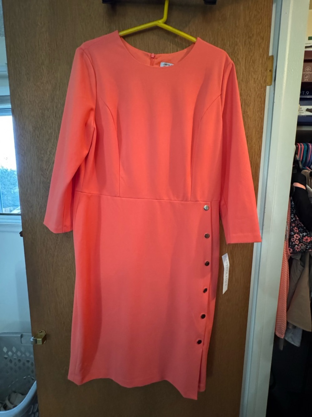 London Style Coral Long-Sleeve Sheath Dress with Side Buttons